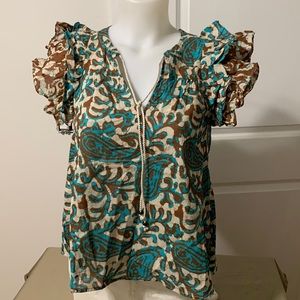 NWT House of Harlow 1960 Flutter Sleeve Ruffle Top Teal/Brown Sz XS